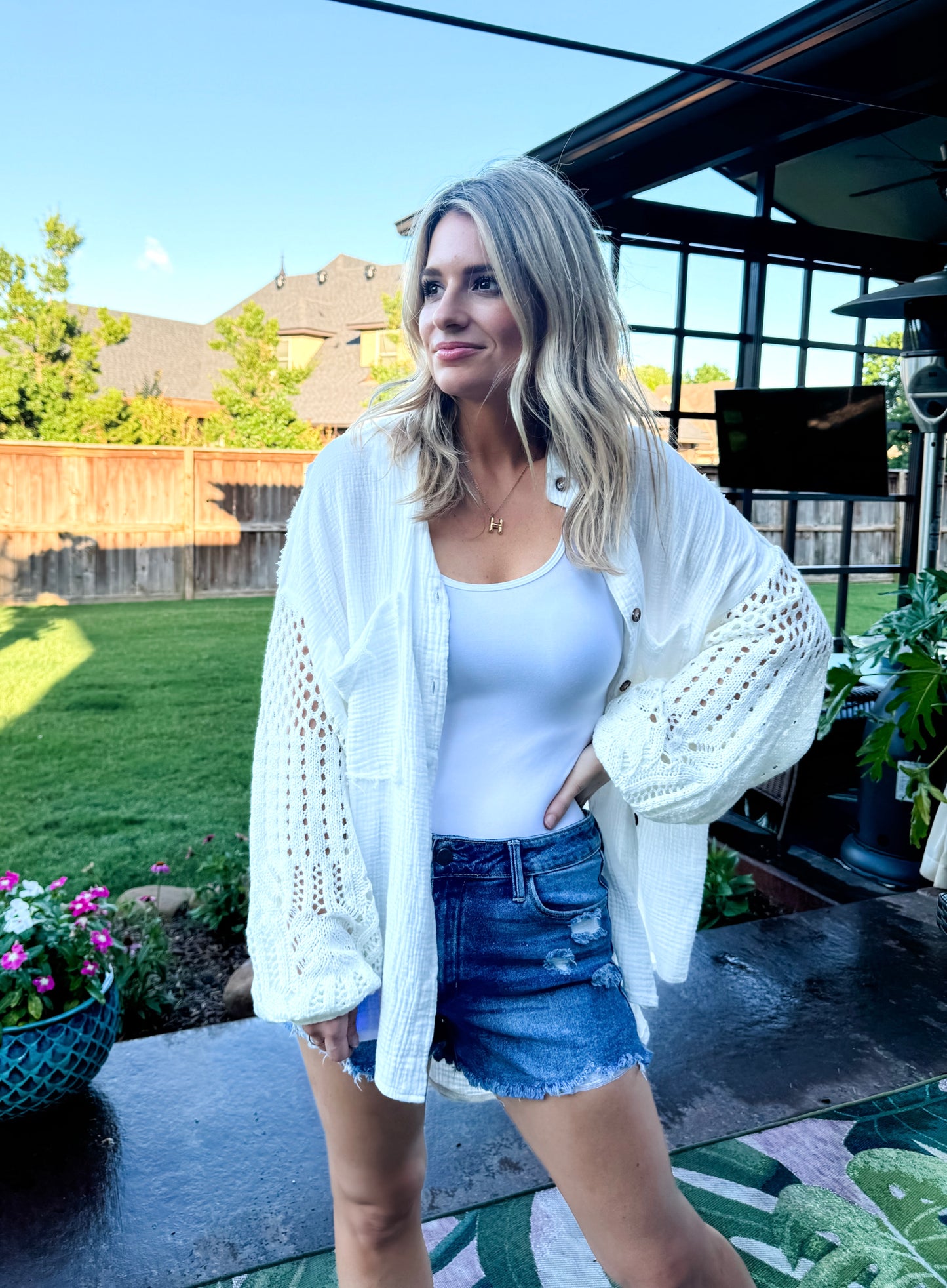 Chic Crochet Sleeve Button Up Top in White