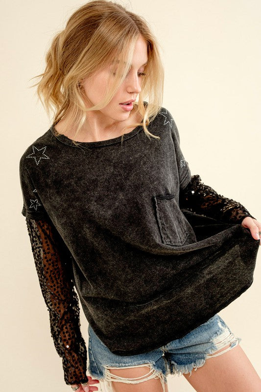 Star Printed Shoulder Sequin Sleeve Top