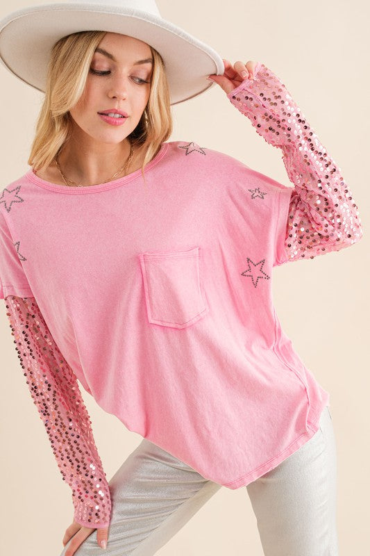Star Printed Shoulder Sequin Sleeve Top