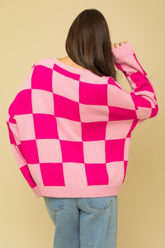 Pink Checkered Long Sleeve Sweater