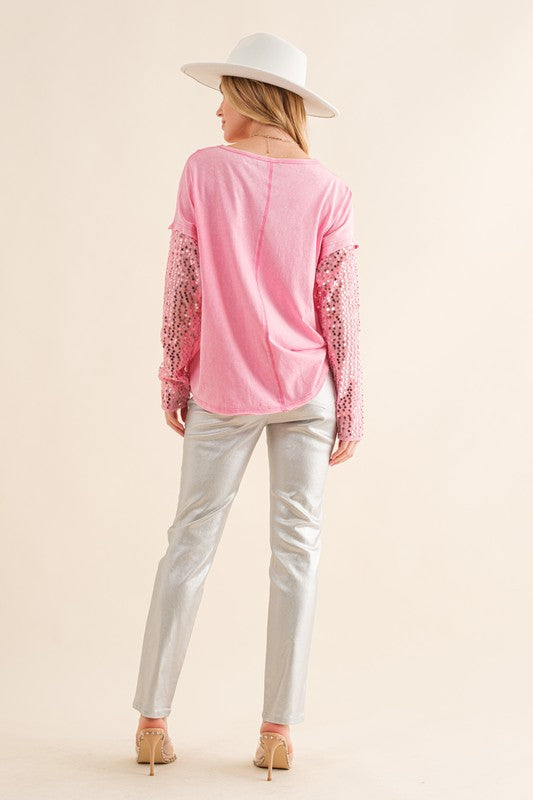 Star Printed Shoulder Sequin Sleeve Top