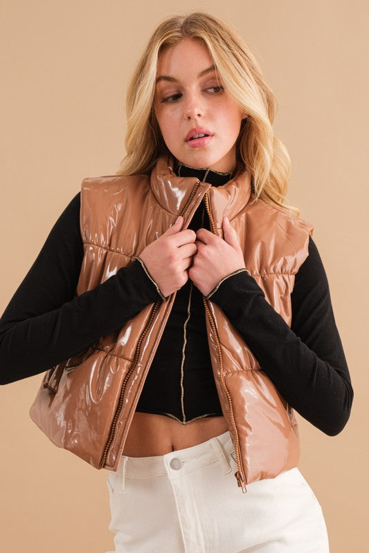 Gloss Shiny PU Quilted Puffer Crop Vest