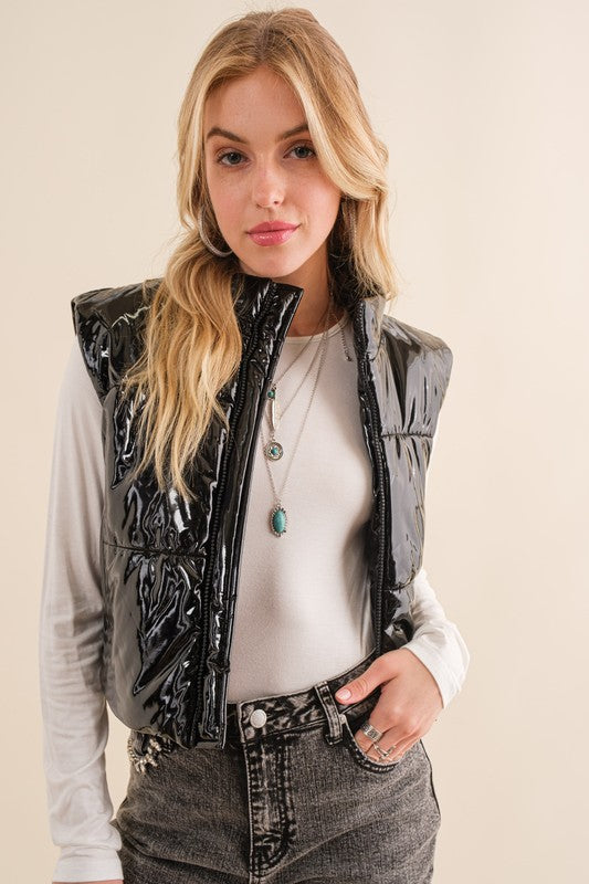 Gloss Shiny PU Quilted Puffer Crop Vest