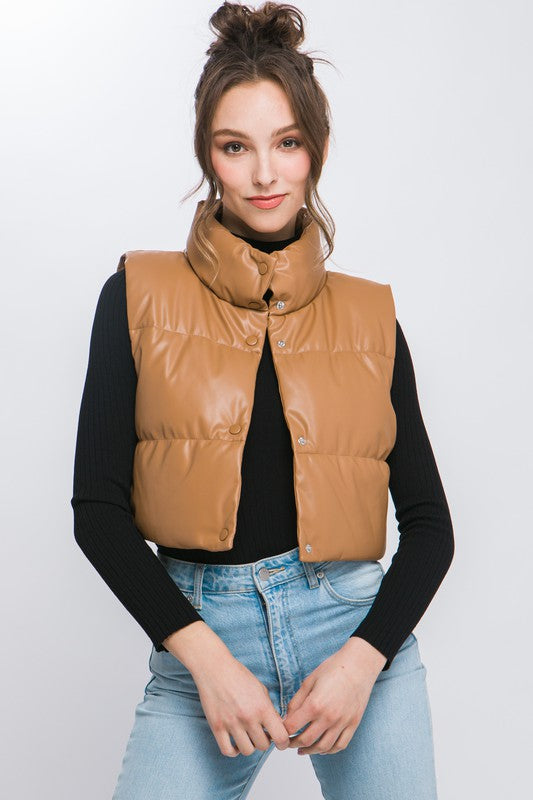 Faux Leather Puffer Vest With Snap Button