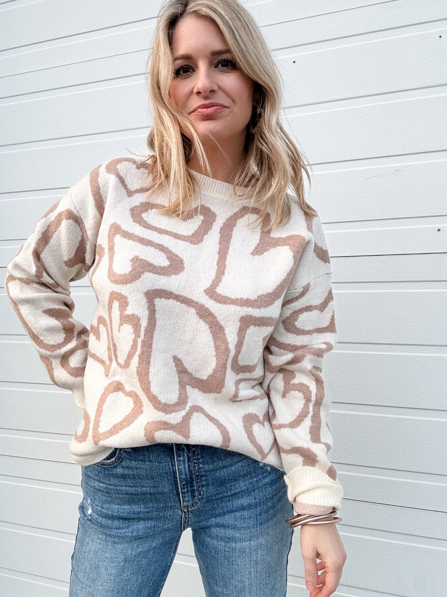 Spread The Love Heart Sweater in Cream/Tan