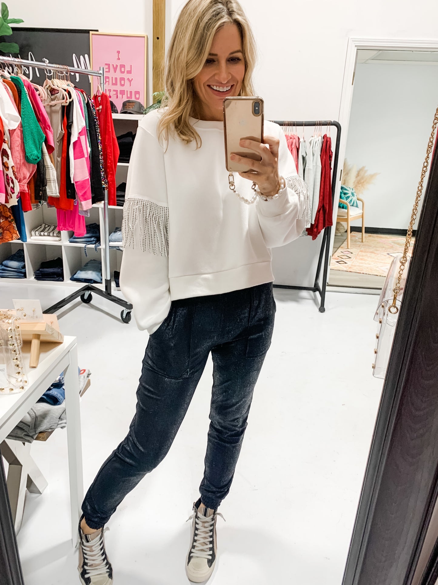 Embellished Fringe Sweatshirt in White