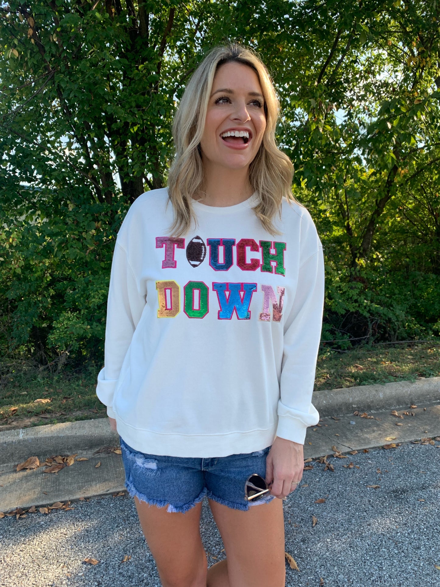 Sequin TOUCHDOWN Sweatshirt in Off White