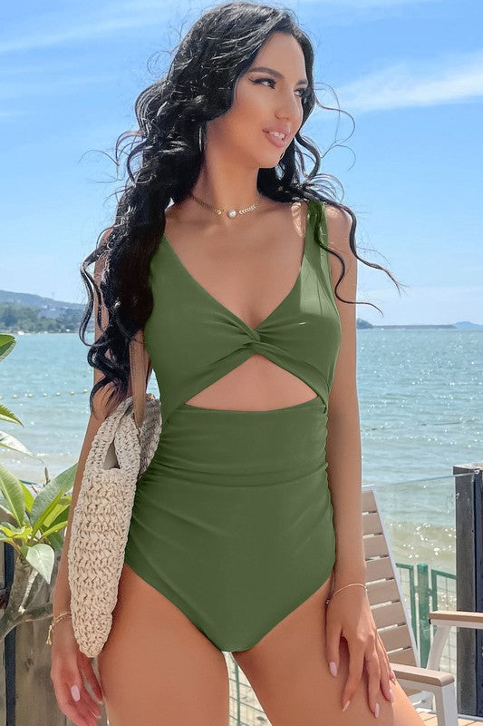Cutout One Piece Swimsuit in Olive Green