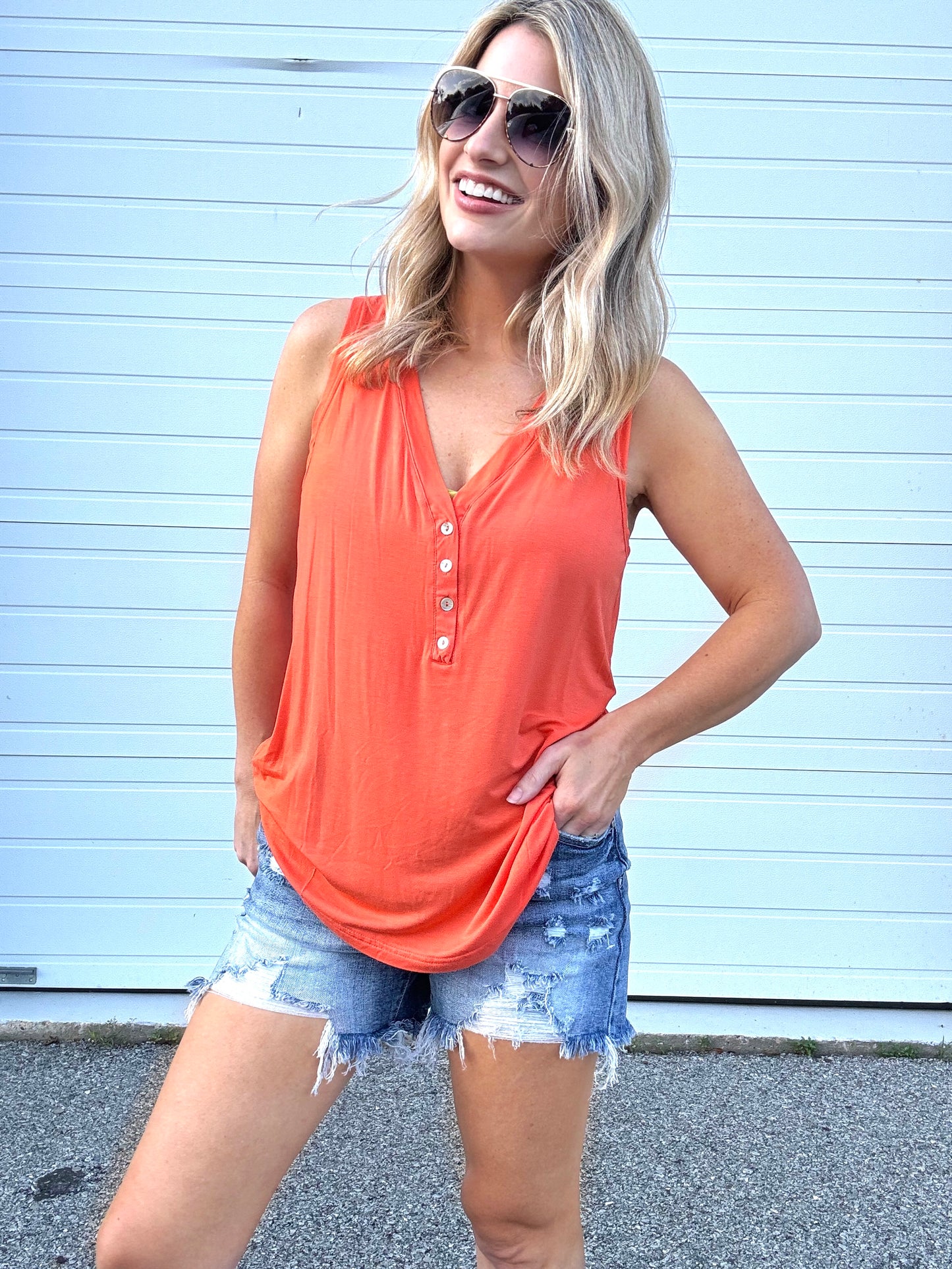 Easy To Style Henley Tank in Vibrant Orange