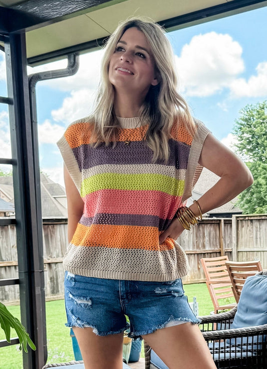 Crochet Striped Knit Top in Beige Multi