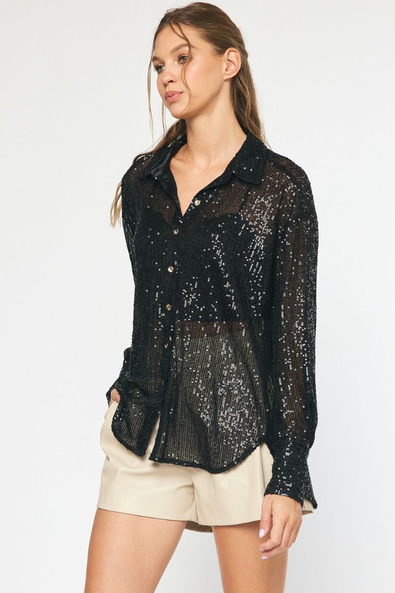 Time To Shine Sequin Button-Down Top in Black