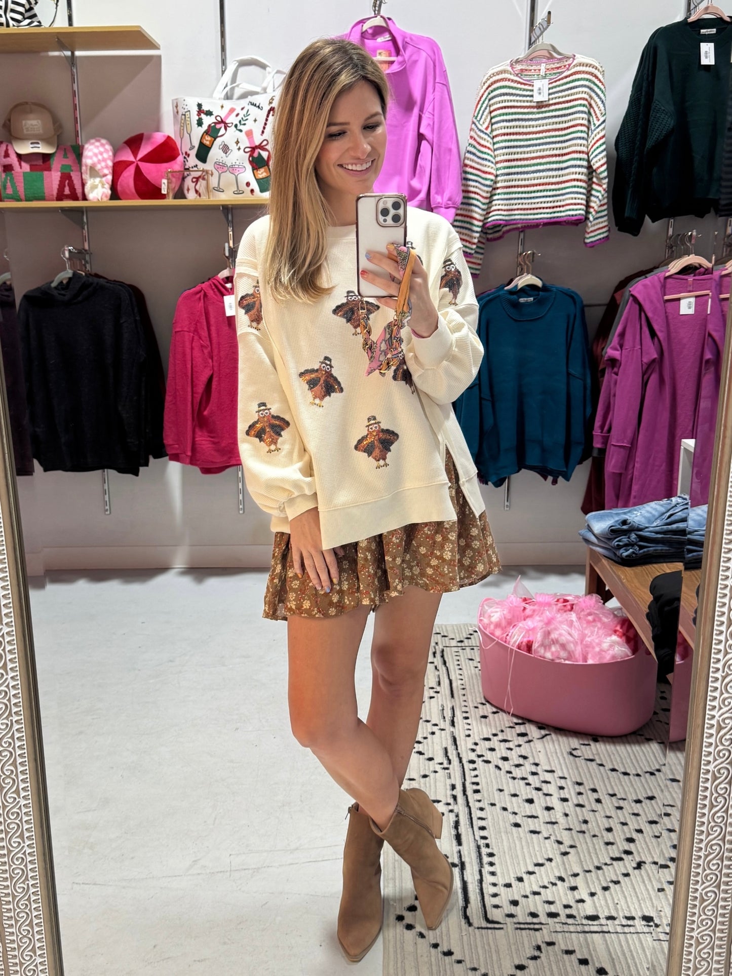 Sequin Turkey Waffle Knit Top in Cream