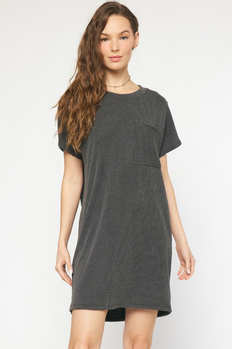 Kick Back Ribbed Dress in Charcoal