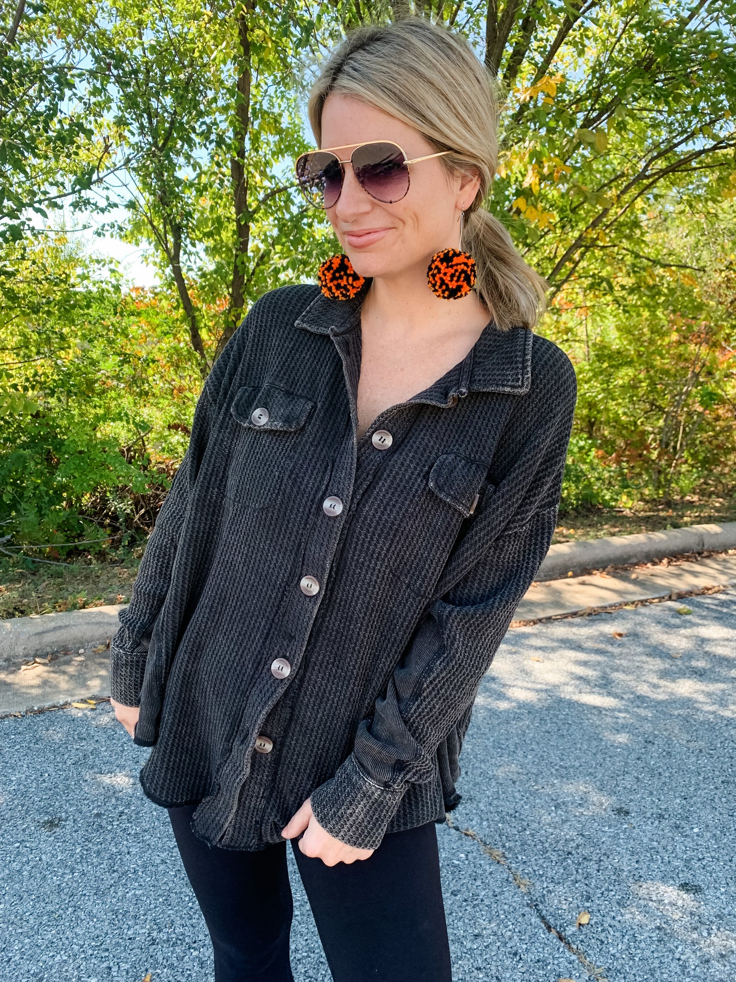 Large Pom Pom Earrings in Orange/Black