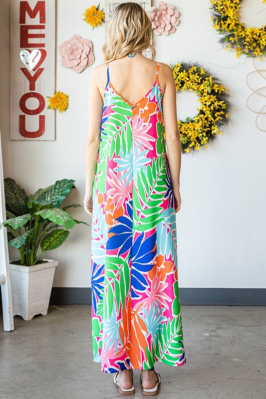 Bright & Cheerful Leaf Print Maxi Dress in Pink Multi