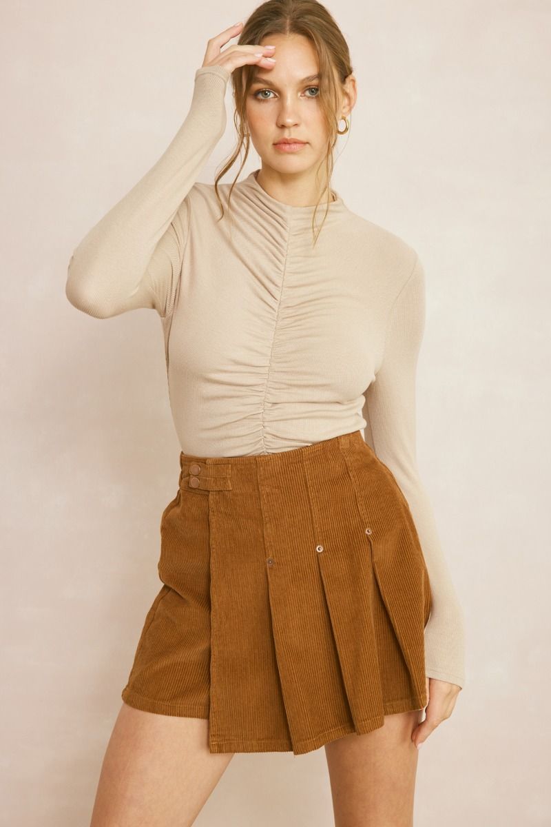 Pleated Corduroy Skort in Camel