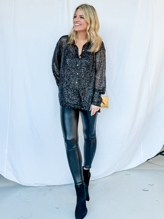 Time To Shine Sequin Button-Down Top in Black