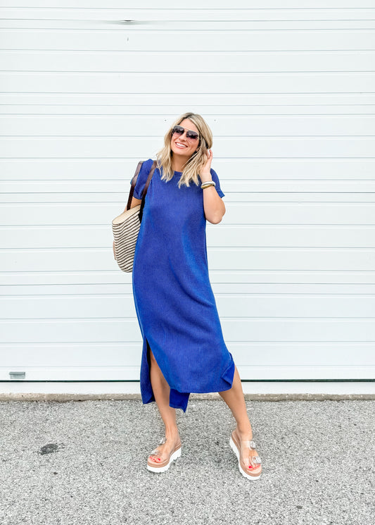 Kick Back Ribbed Midi Dress in Indigo
