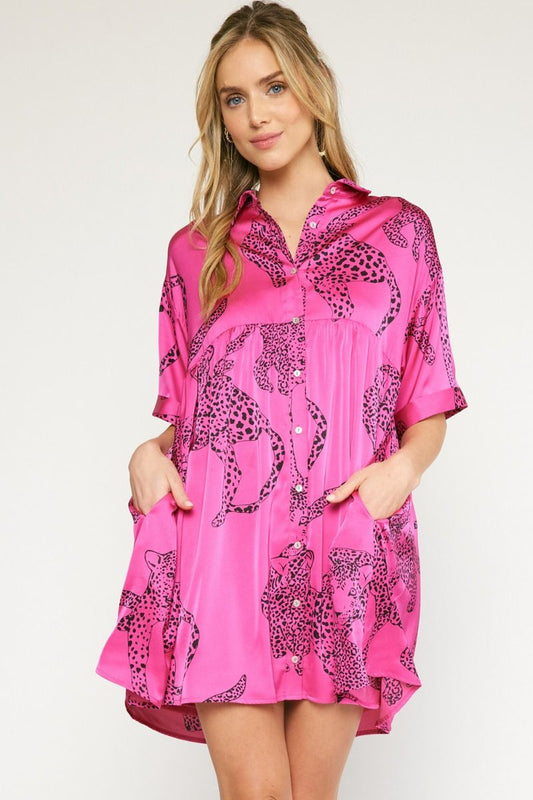 Cheetah Print Satin Dress in Hot Pink - MEDIUM