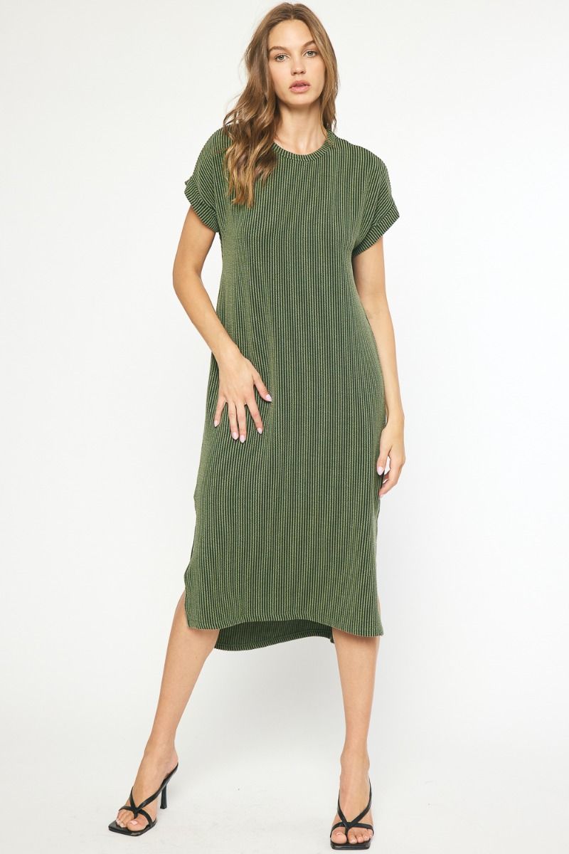 Kick Back Ribbed Midi Dress in Olive