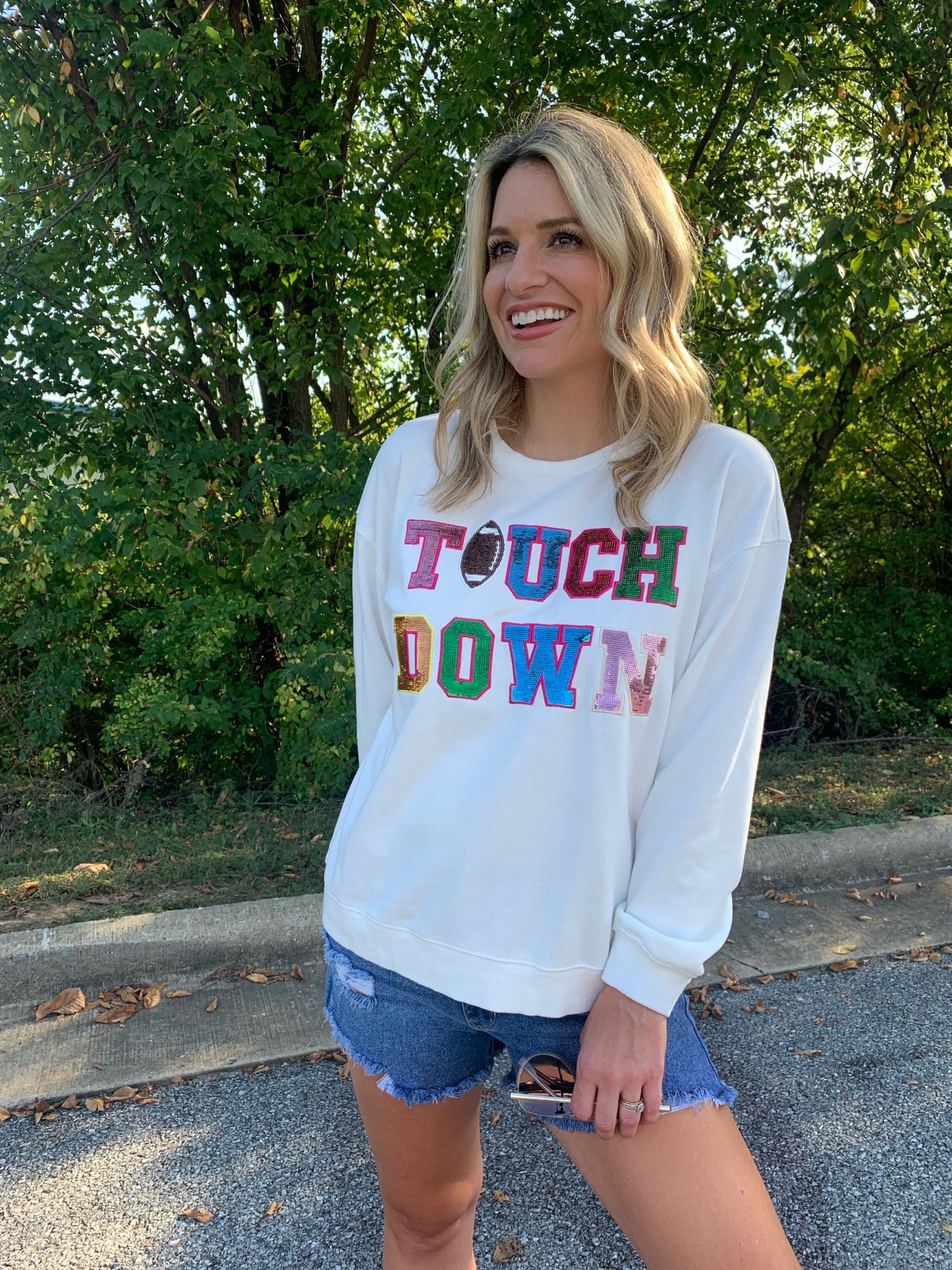 Sequin TOUCHDOWN Sweatshirt in Off White