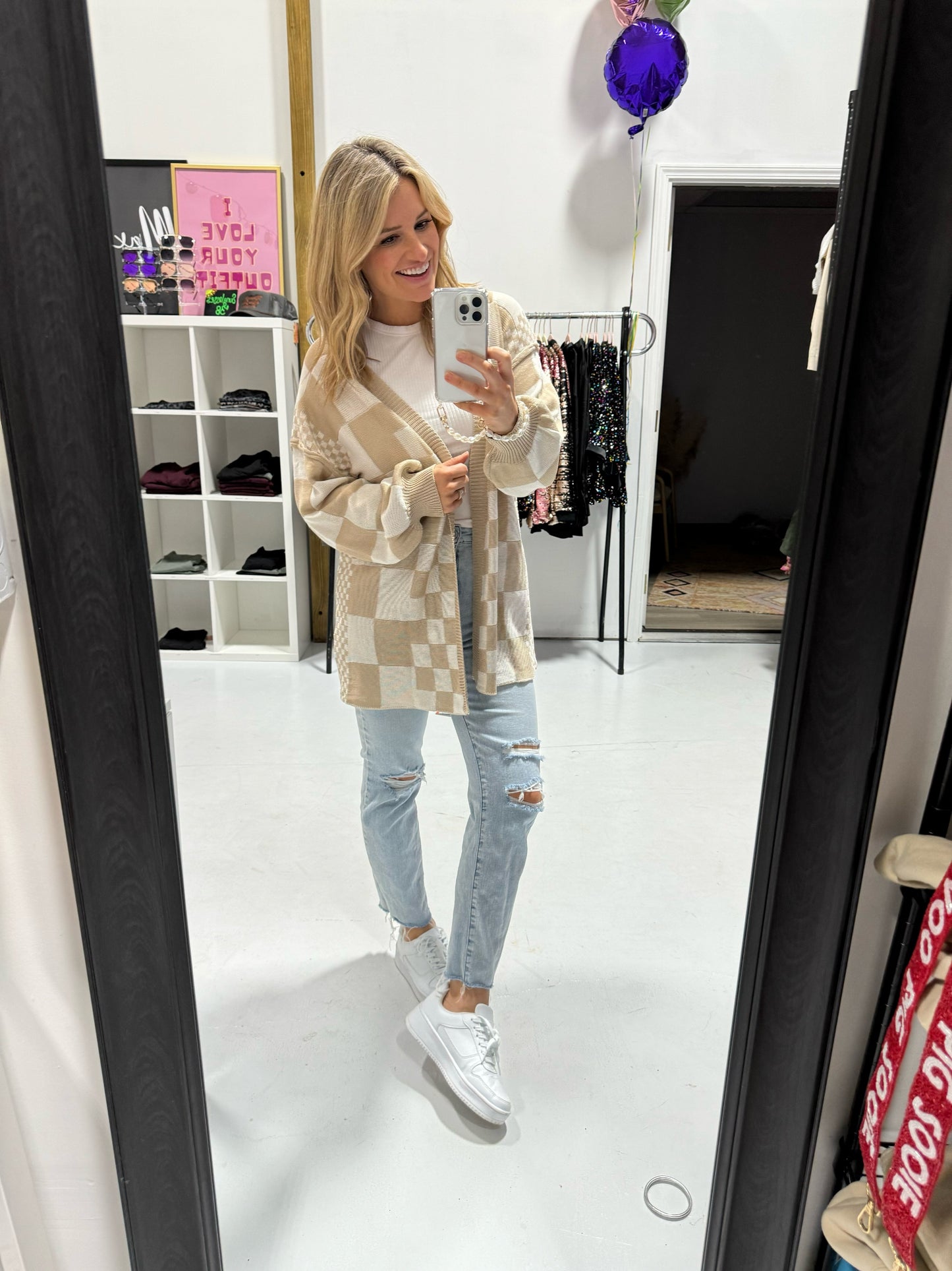 Checkered Knit Cardigan in Taupe