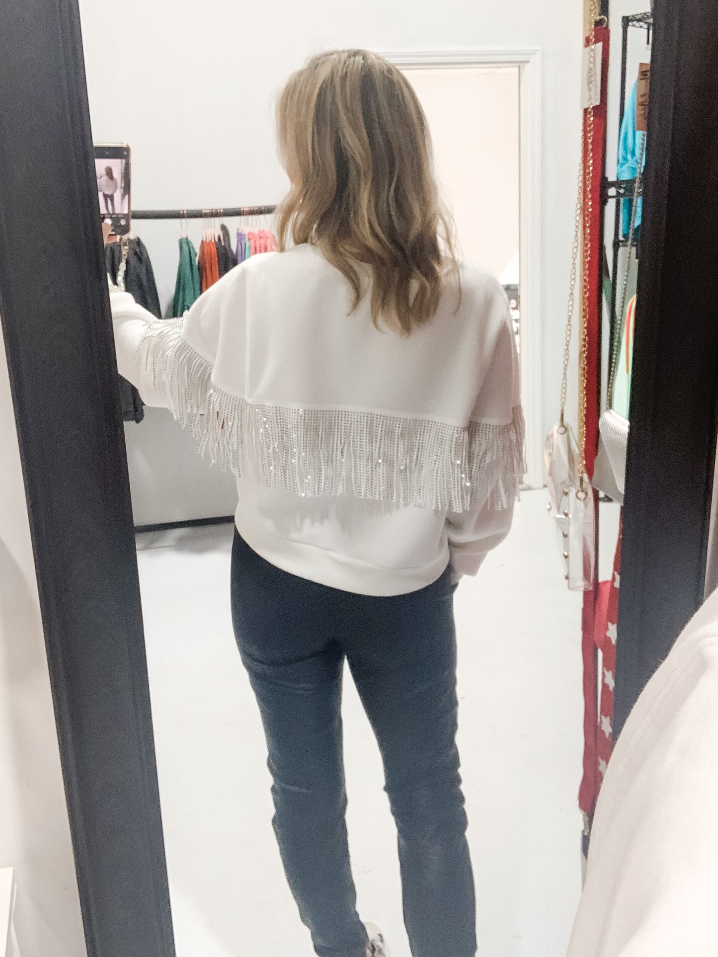 Embellished Fringe Sweatshirt in White