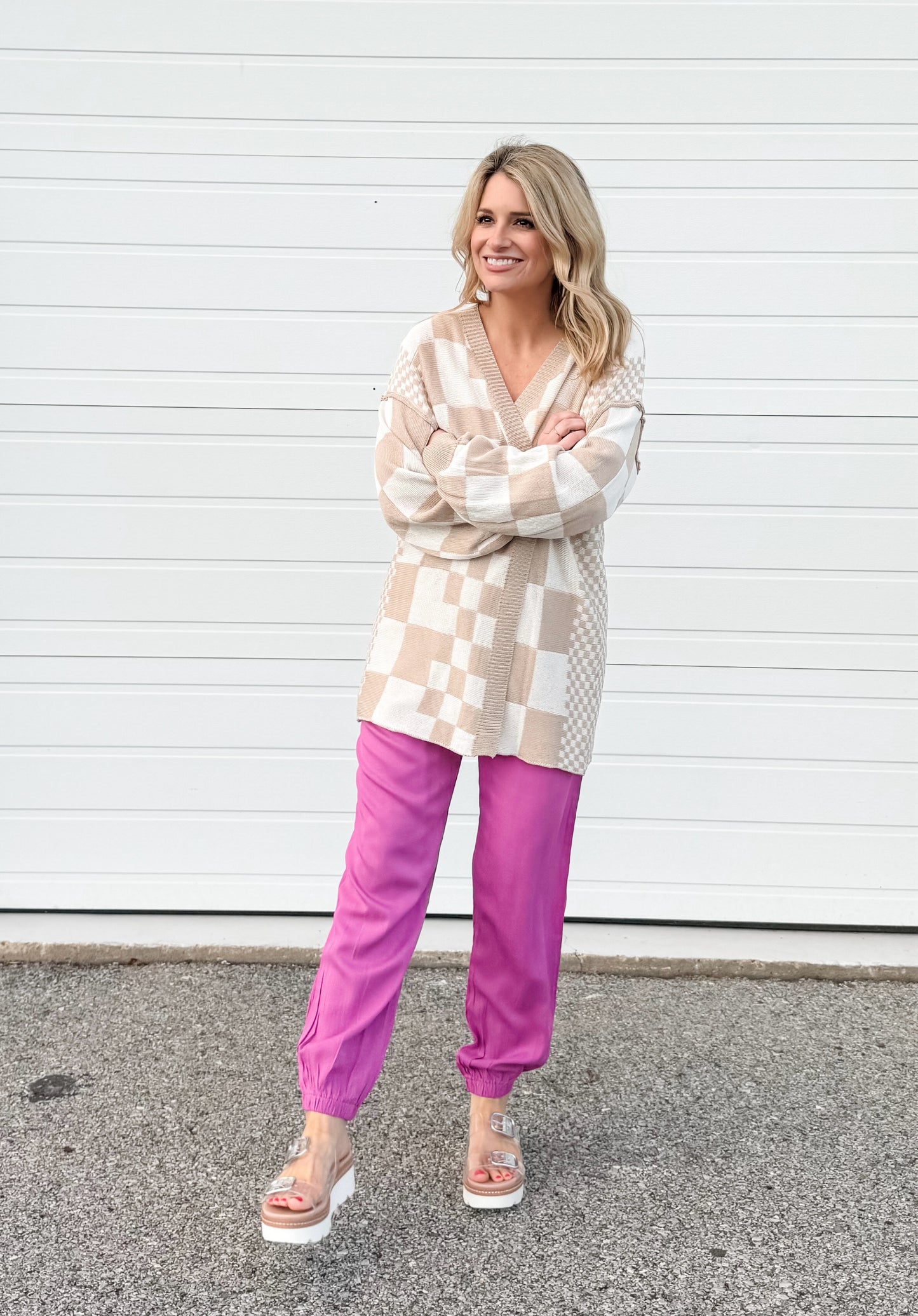 Checkered Knit Cardigan in Taupe