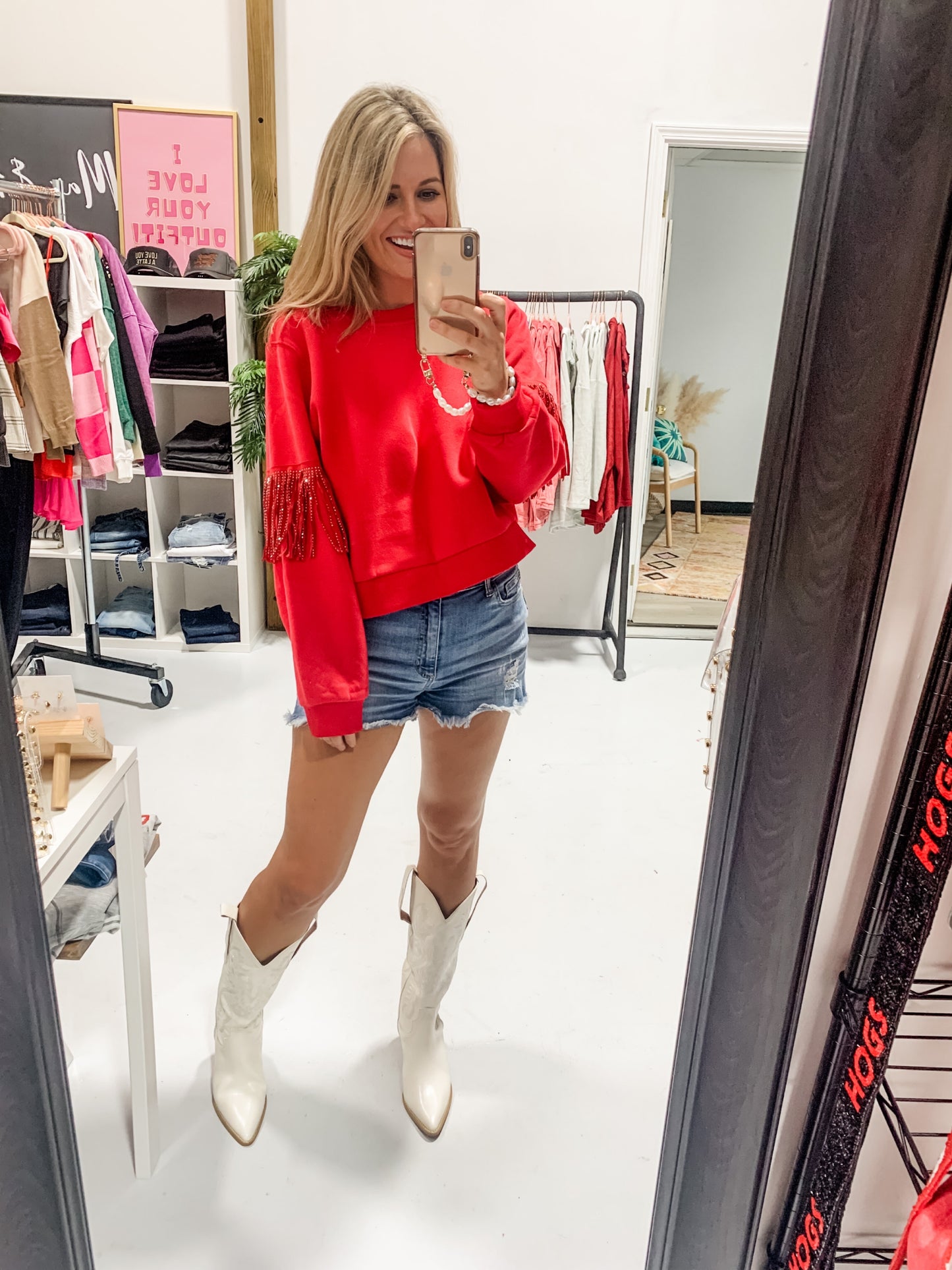 Embellished Fringe Sweatshirt in Red