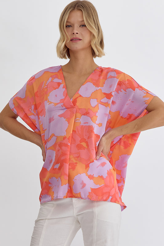 Stunning Bright Satin Top in Orange/Lavender