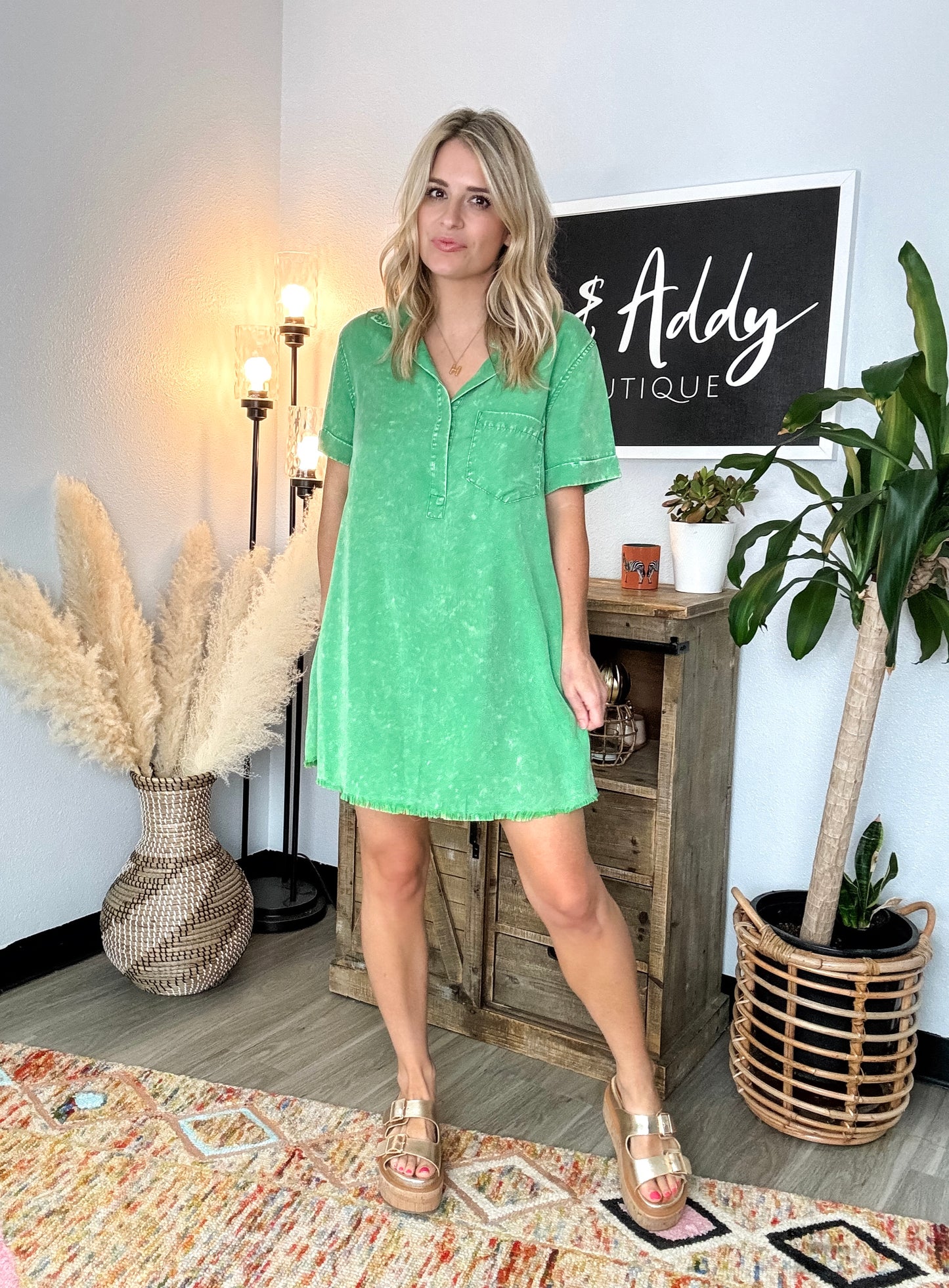 Washed Shirt Dress in Green