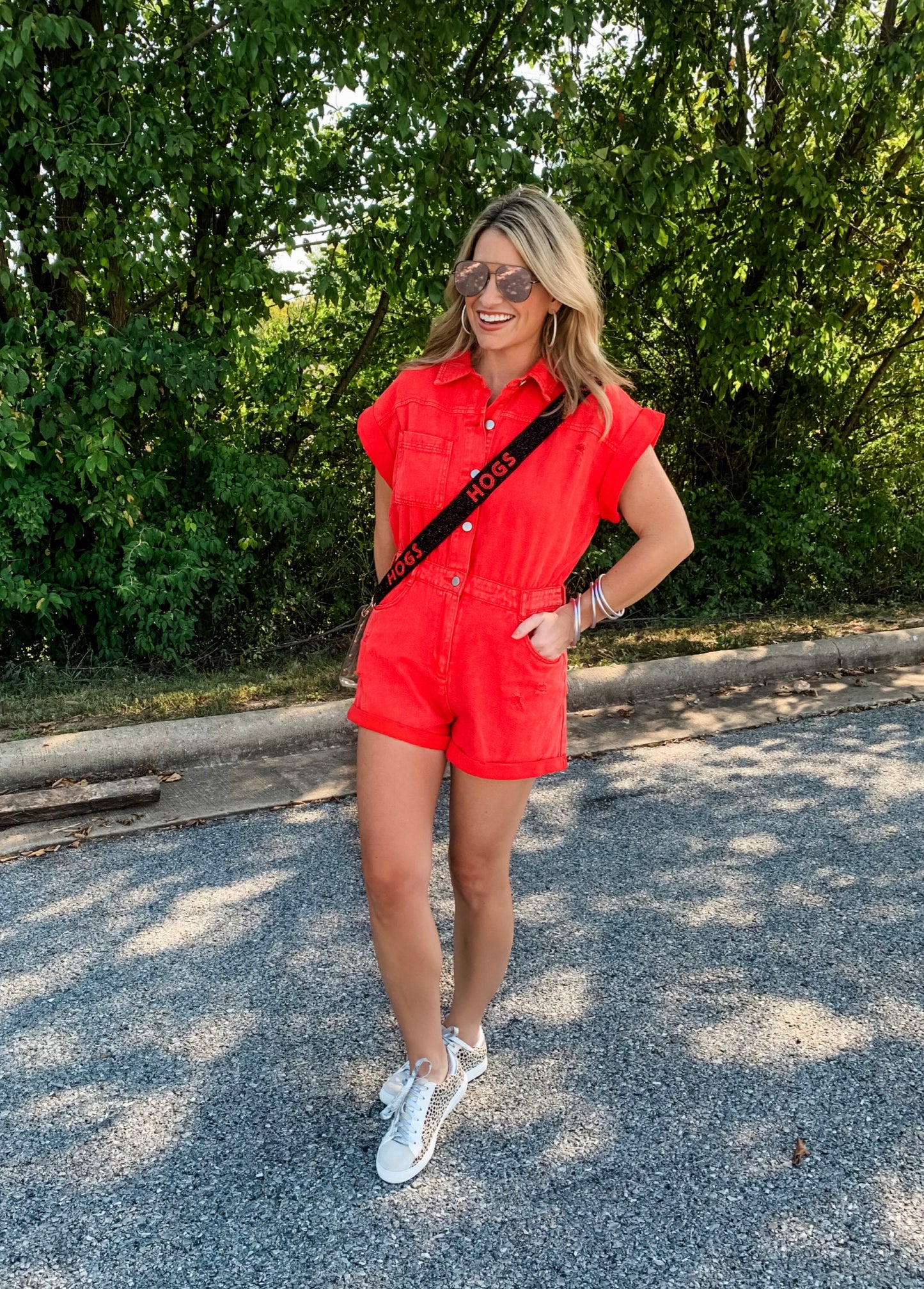 Make Some Noise Denim Romper in Red
