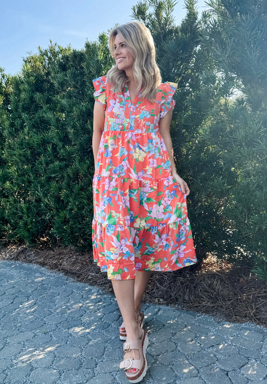 Carefree Floral Dress in Orange