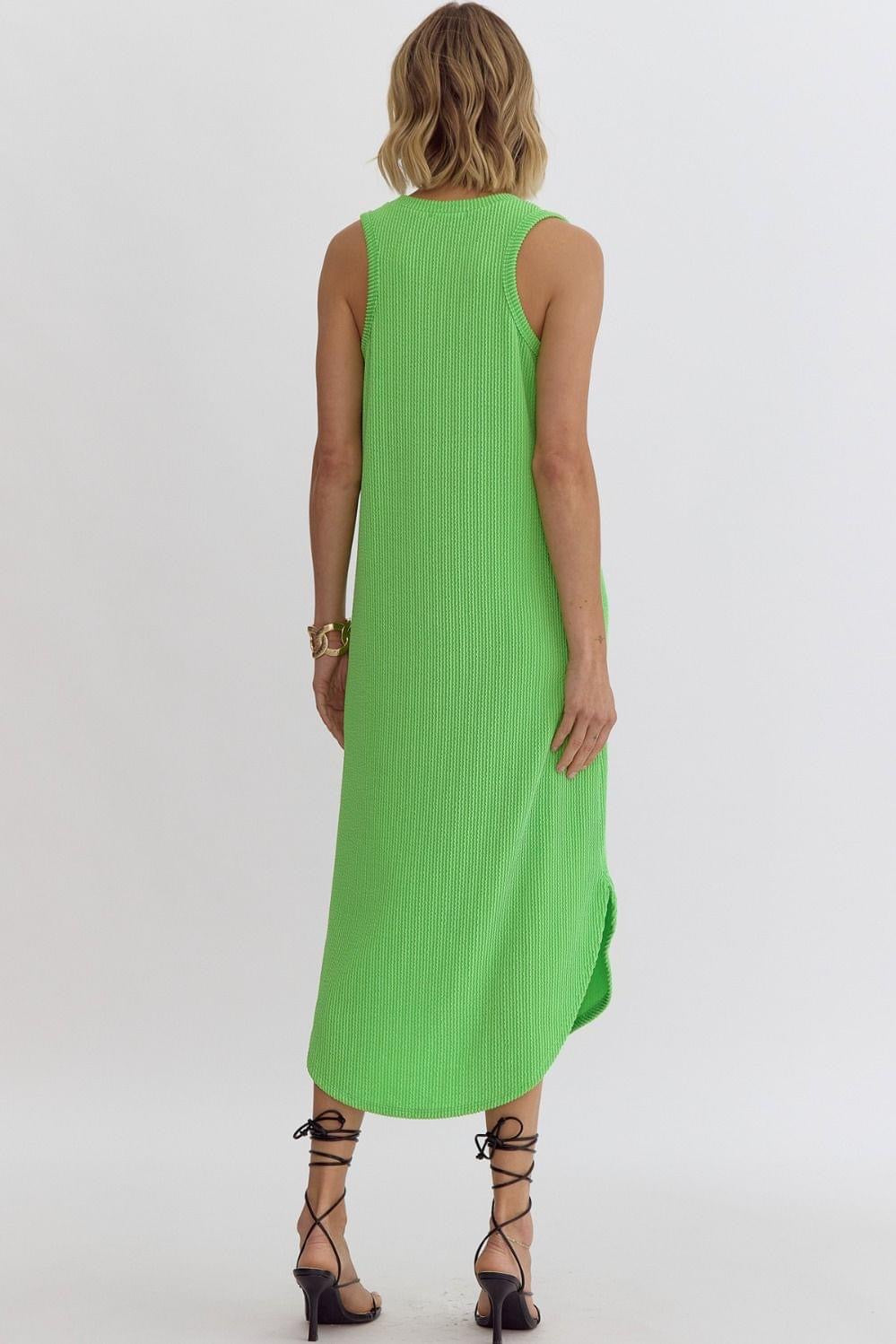 Kick Back Ribbed Sleeveless Dress in Lime