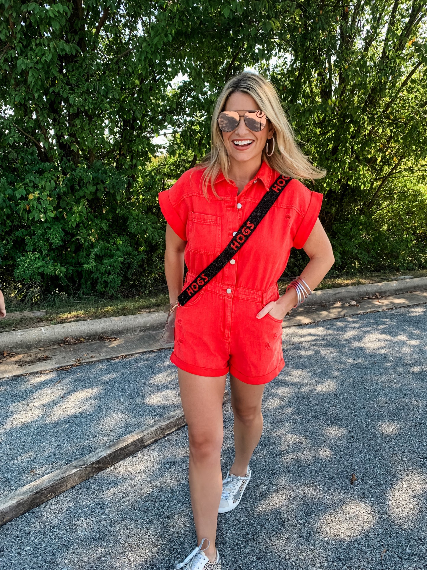 Make Some Noise Denim Romper in Red