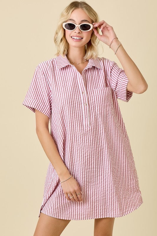 Striped Seersucker Shirt Dress in Red