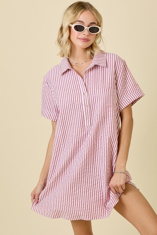 Striped Seersucker Shirt Dress in Red