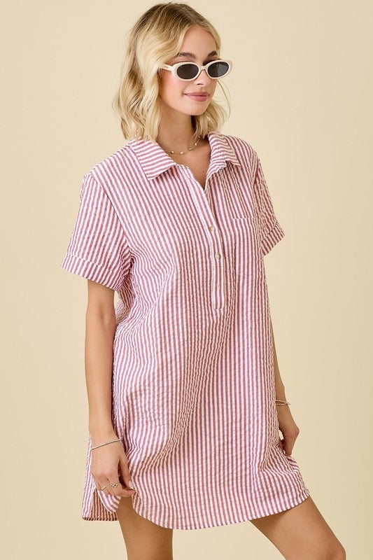 Striped Seersucker Shirt Dress in Red