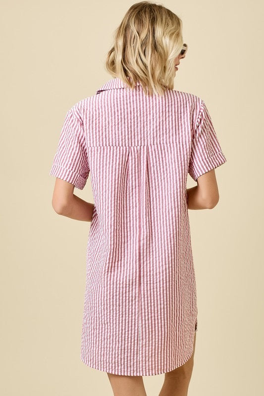 Striped Seersucker Shirt Dress in Red