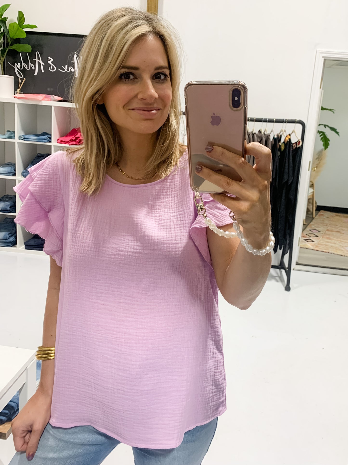Ruffle Sleeve Cotton Gauze Top in Lavender