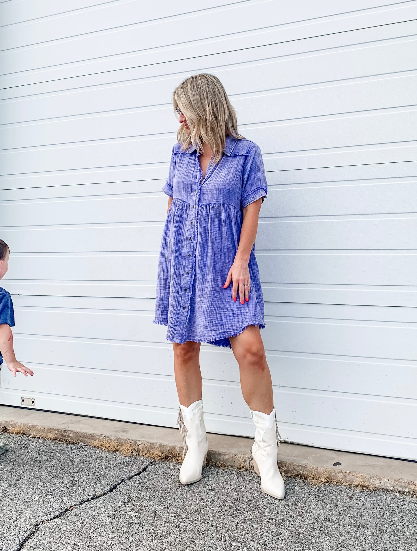 Mineral Wash Button Down Dress in Purple