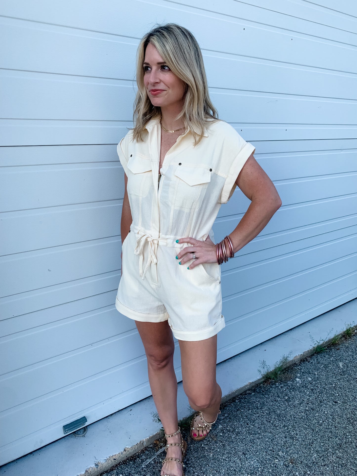 Linen Utility Romper in Cream