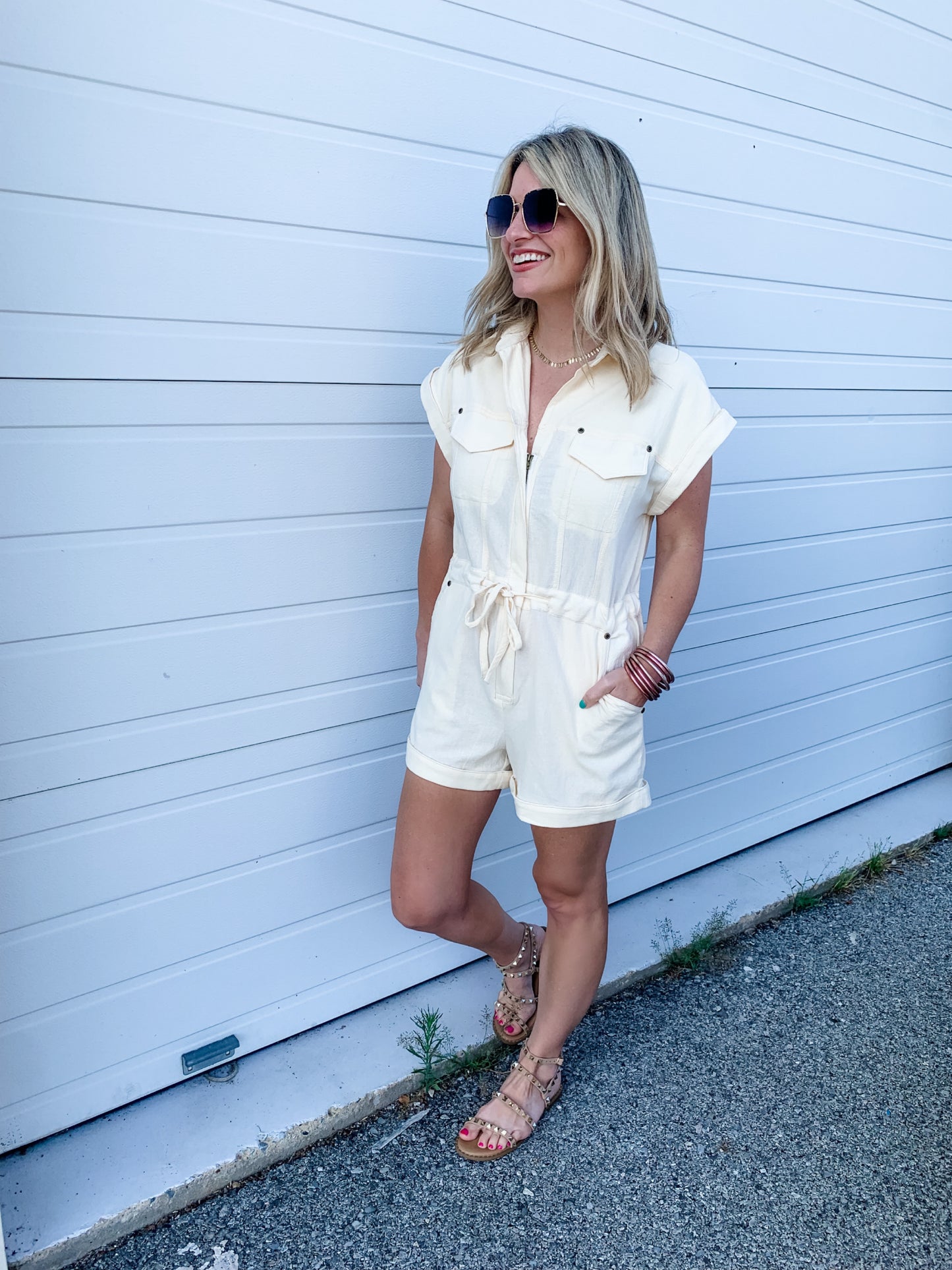 Linen Utility Romper in Cream