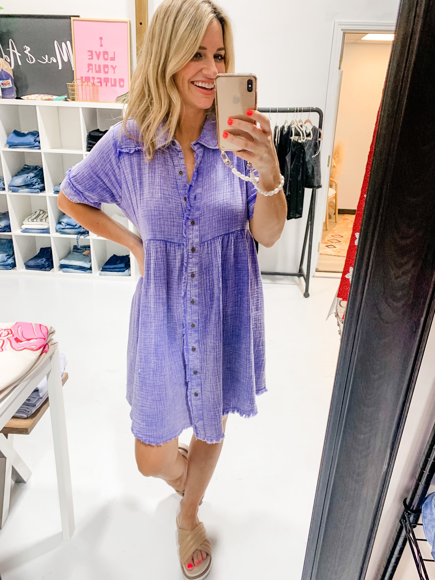 Mineral Wash Button Down Dress in Purple