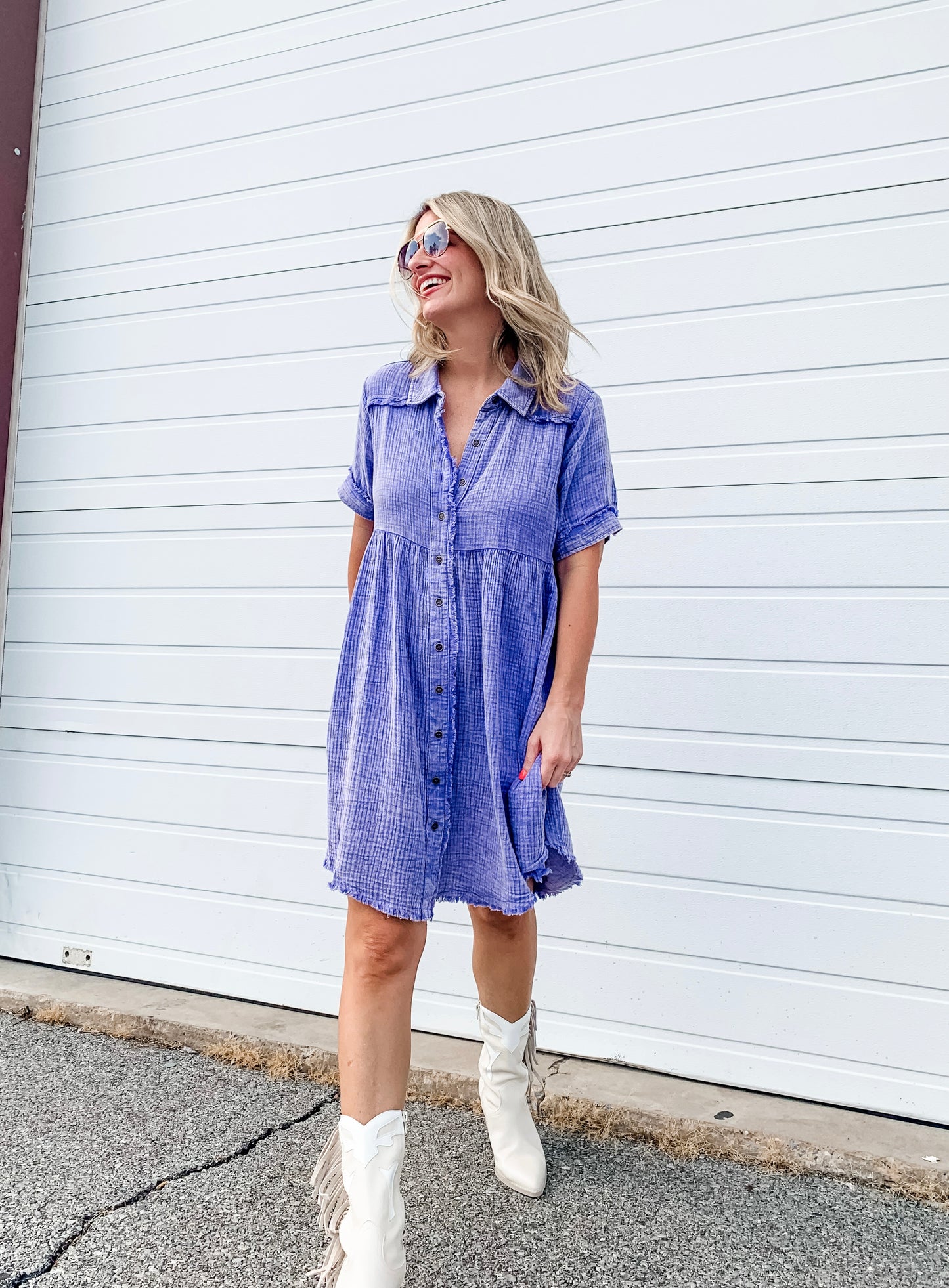 Mineral Wash Button Down Dress in Purple