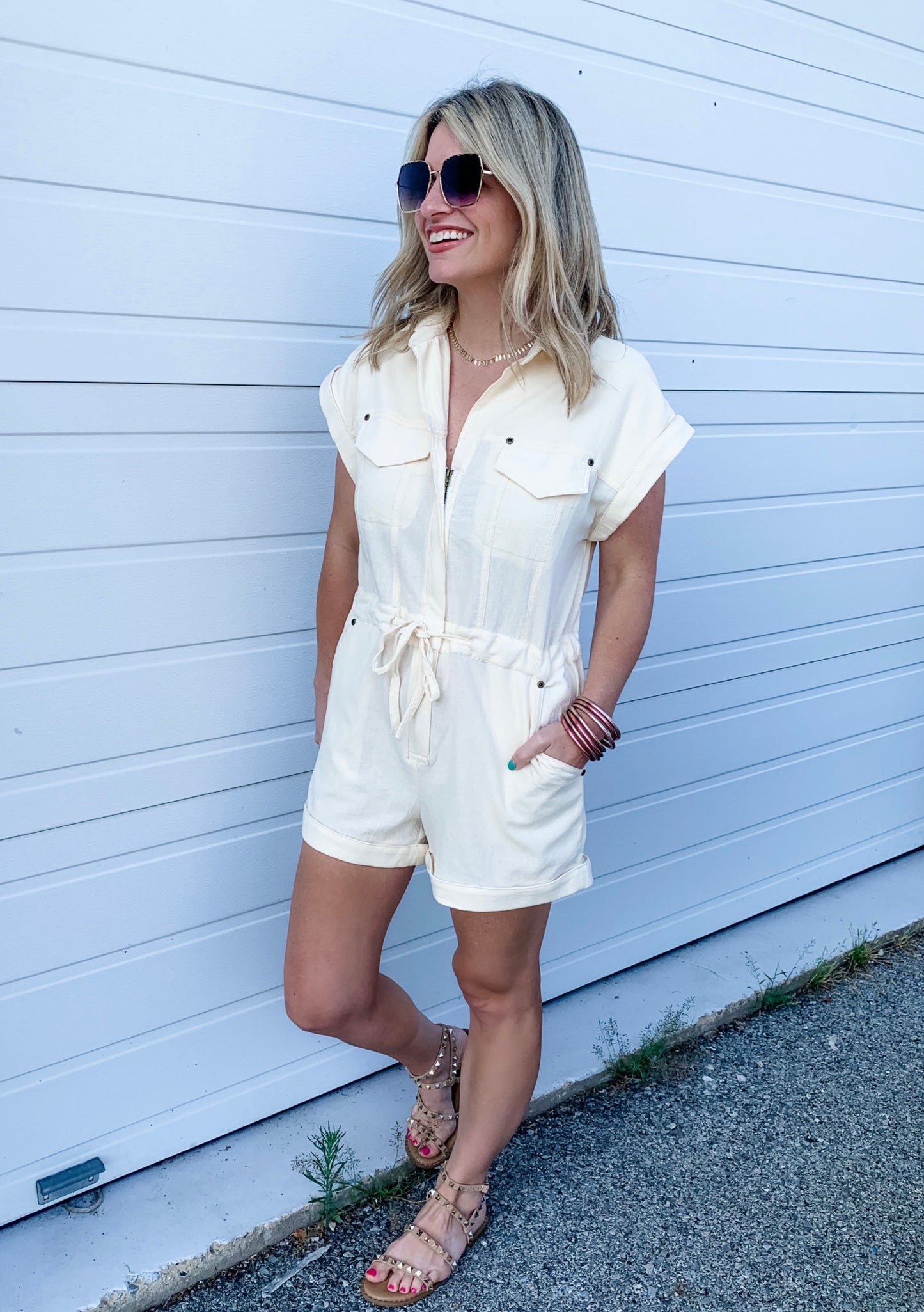 Linen Utility Romper in Cream