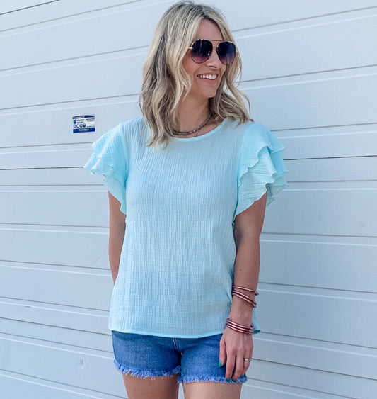 Ruffle Sleeve Cotton Gauze Top in Mint