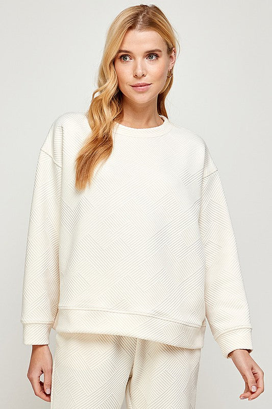 Textured Long Sleeve Sweatshirt Top in Cream