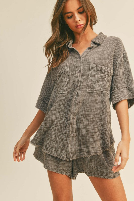 Cotton Gauze Button Down Top in Espresso