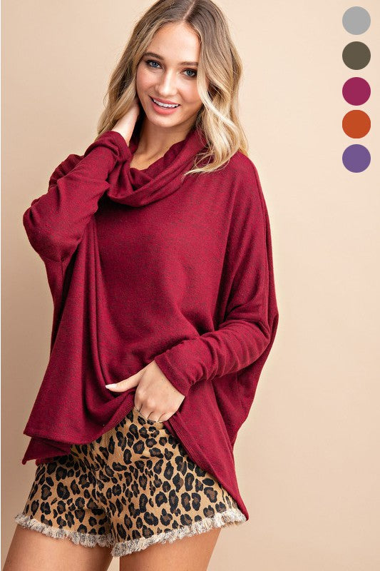 Simply Cozy Cowl Neck Top in Ruby